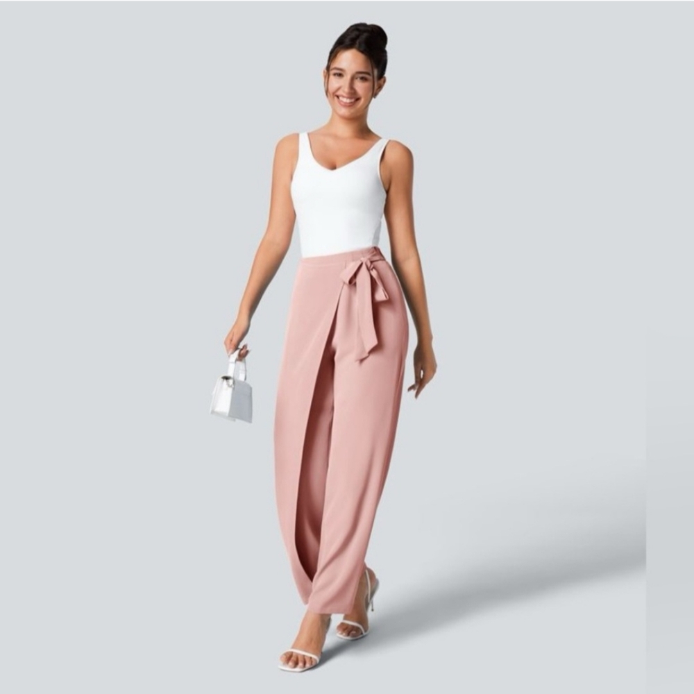 New Halara High Waisted Side Tie Overlay Crepe Office Evening Pants Sz 6 Pink